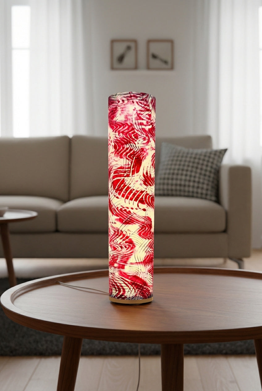 Vibrant tall cylinder modern art table lamp  Fire Cracker -Signature Series for contemporary interiors.