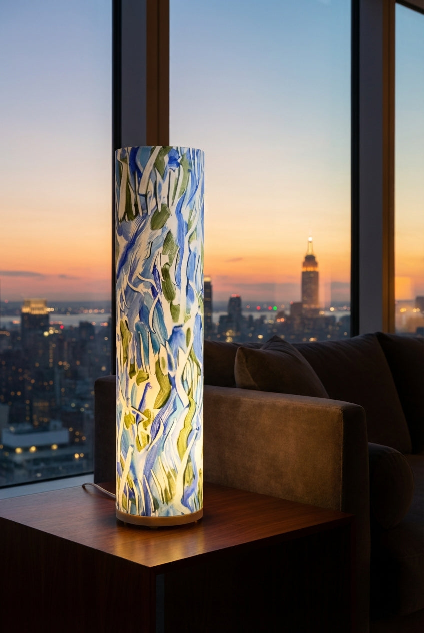 Modern Flowing Water - Signature Lamp hand-painted paper lamp with textured white rectangular accents, tall contemporary table lamp.