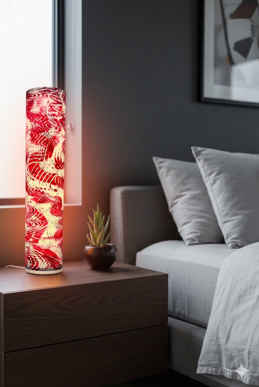 Fire Cracker -Signature Serieswith layered linear brush details and wooden cylindrical base.