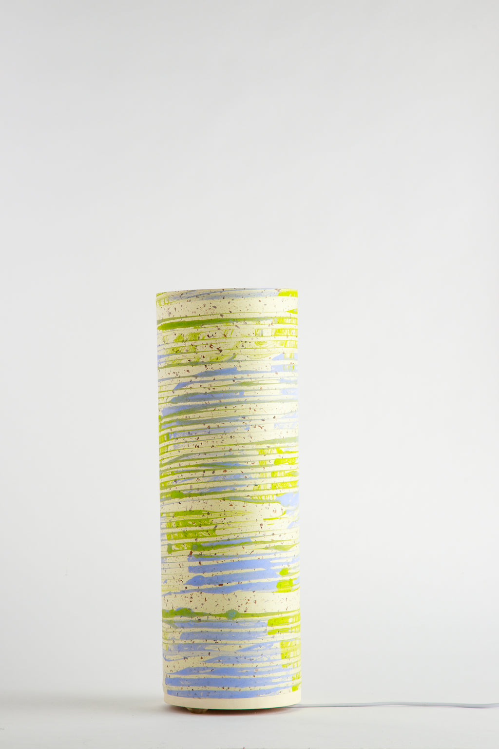 Strata - Chalk & Ash canvas table lamp with layered gray, yellow, and blue horizontal brush strokes on a white background, painted by Patricia Branstead.