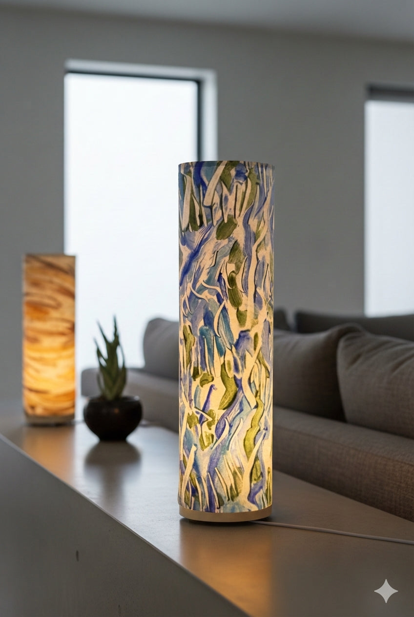 Handcrafted Flowing Water - Signature Lamp featuring painted canvas designs in cozy and modern bedroom nightstand.