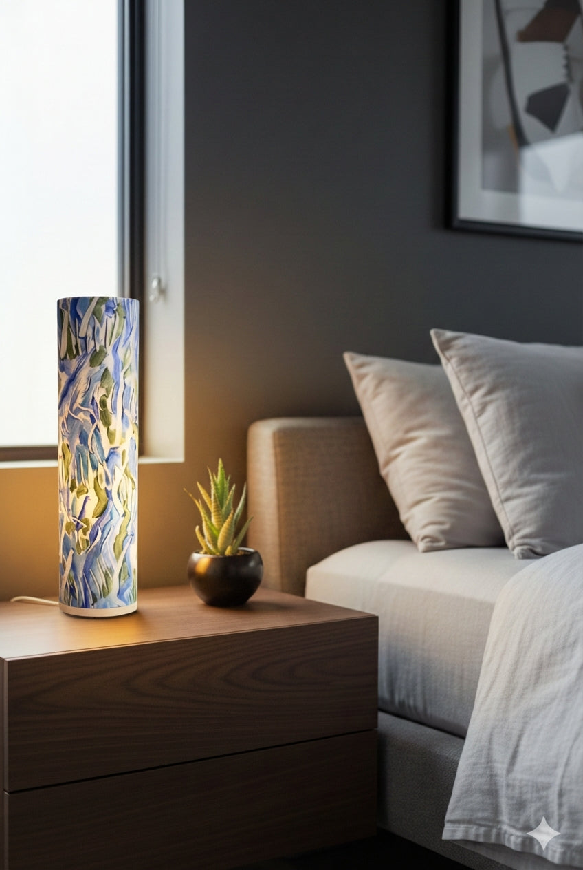 Flowing Water - Signature Lampwith layered linear brush details and wooden cylindrical base.