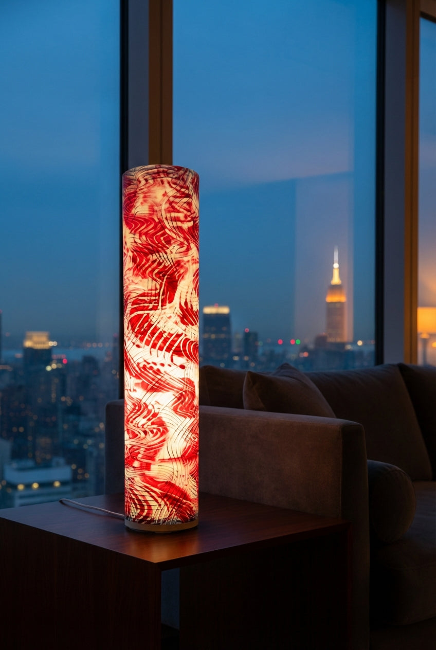 Modern Fire Cracker -Signature Series hand-painted paper lamp with textured white rectangular accents, tall contemporary table lamp.